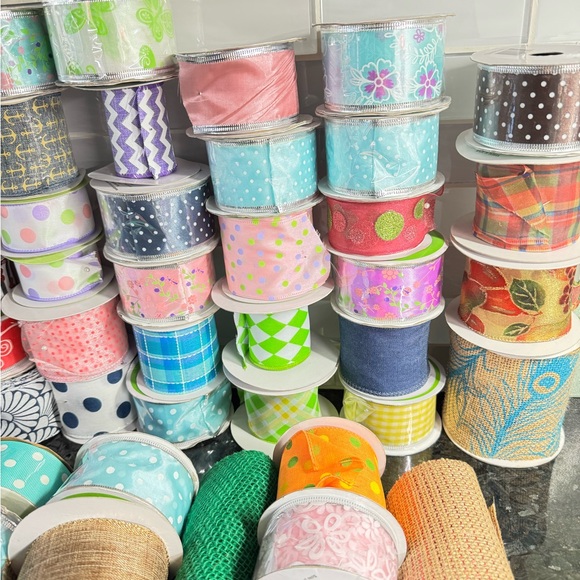 54 Pcs New and Used Spools of Ribbon Lot Mixture of Colors and Styles Patterns - Picture 3 of 5